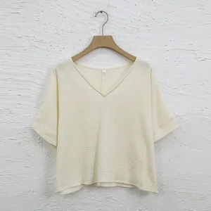 Muslin 100% Cotton Short Sleeve Tee Sexy V-Neck Oversized T-Shirt Streetwear Top Shirts And Blouse Lady Pulovers Camisetas