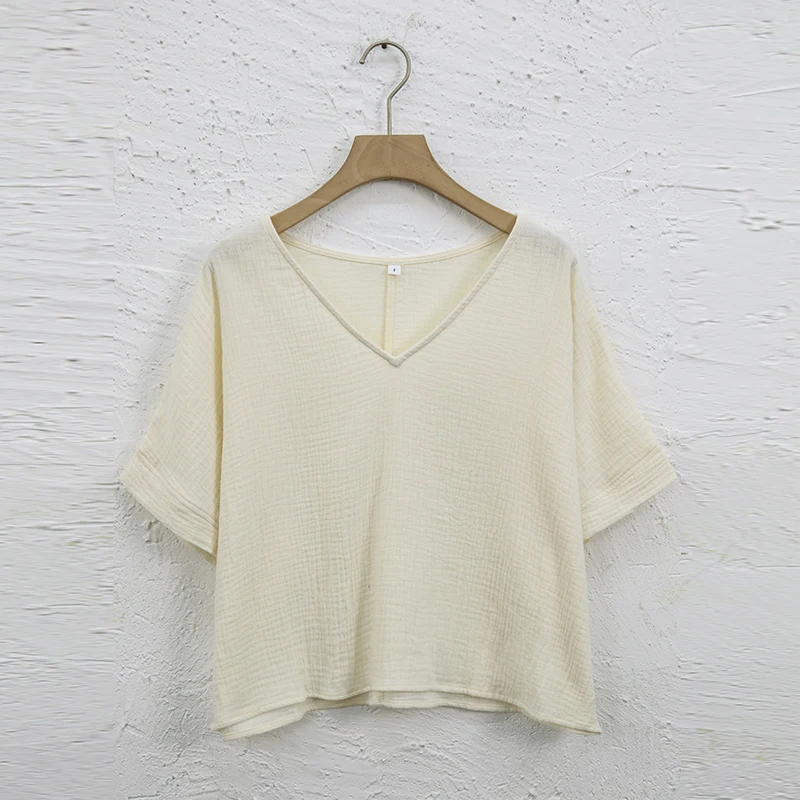 Muslin 100% Cotton Short Sleeve Tee Sexy V-Neck Oversized T-Shirt Streetwear Top Shirts And Blouse Lady Pulovers Camisetas - الصورة 8