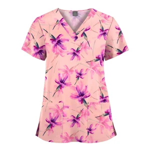 Wholesale Polyester Spandex Uniforms Beautiful Hospital Scrubs Tops Women Nurse Printed Scrub Top Healthcare Nursing Scrub Shirt