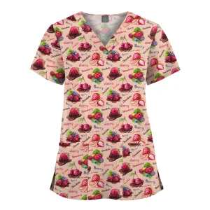 Wholesale Polyester Spandex Uniforms Beautiful Hospital Scrubs Tops Women Nurse Printed Scrub Top Healthcare Nursing Scrub Shirt