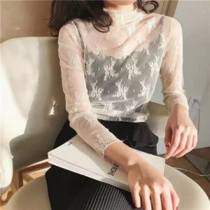 Women Half High Collar Lace Bottomed Blouse Spring And Autumn  Hollow Mesh Top Sexy Western-style Long Sleeve T-shirt Crop Top