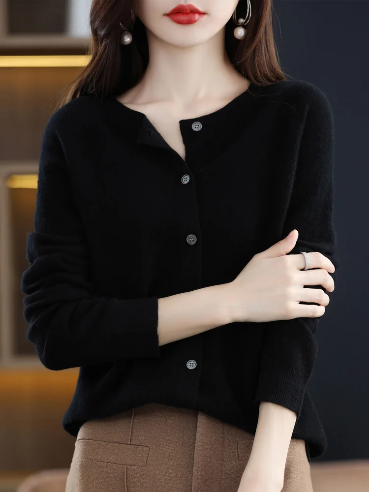 2024 New Chic Women's Basic O-neck Cardigan 100% Merino Wool Sweater Soft Grace Knitwear CoatSpring Autumn Female Clothes Tops - الصورة 3