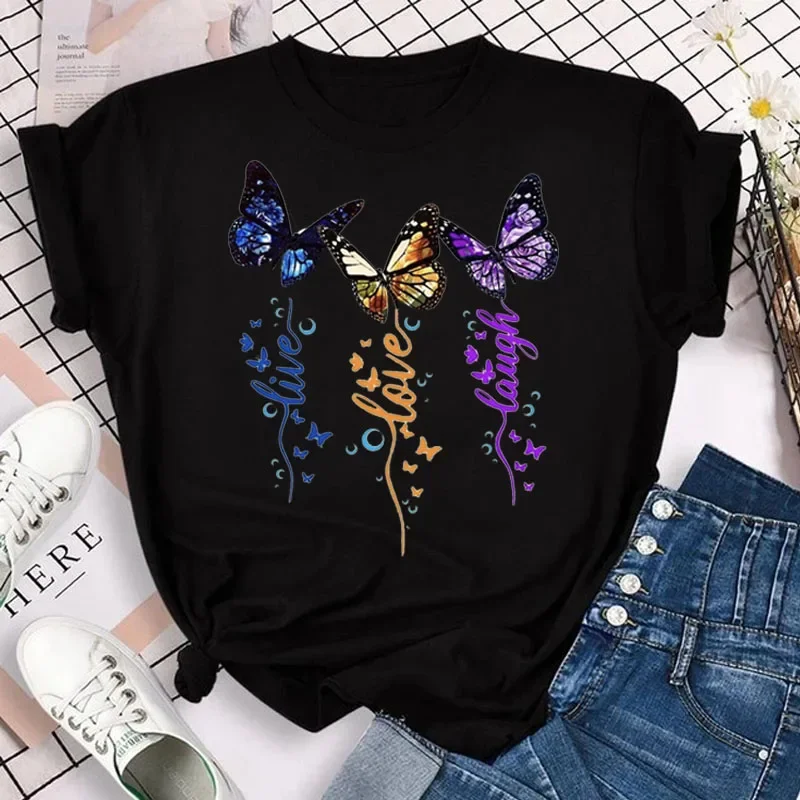 New Fashion Women T-shirt Colorful Butterfly Petal Print Short Sleeve and Round Neck Cute Graphic Tee Shirts Female Tops Clothin - Image 12
