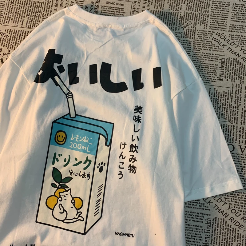 Cute Japanese Cat Print Oversized T-shirt Women Men Short Sleeve Loose Casual Tee Shirt Streetwear Tops Cotton Harajuku Clothing - الصورة 13