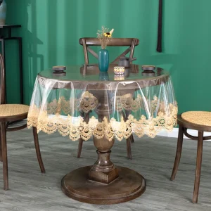 PVC Transparent Embroidered Lace Tablecloth with Drooping Soft Tablecloth Household Round Table TableclothTable Cloth Waterproof