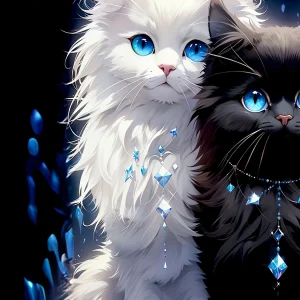 Women's Tee - White & Black Crystal Cats Graphic, Mystical Glowing Feline Design for Casual Daily Wear
