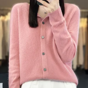 Aliselect Autumn Winter Women 100% Merino Wool Sweater O-Neck Tops Long Sleeve Basic Cashmere Knitwear Cardigan Clothing Coat