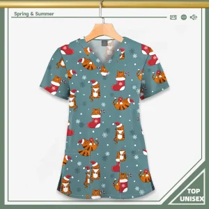 Surgical Uniform Printing Holiday Beautiful Shirt V-neck Style Pocket Design Blouse Surgical Top Woman Men Nurse Medical Uniform