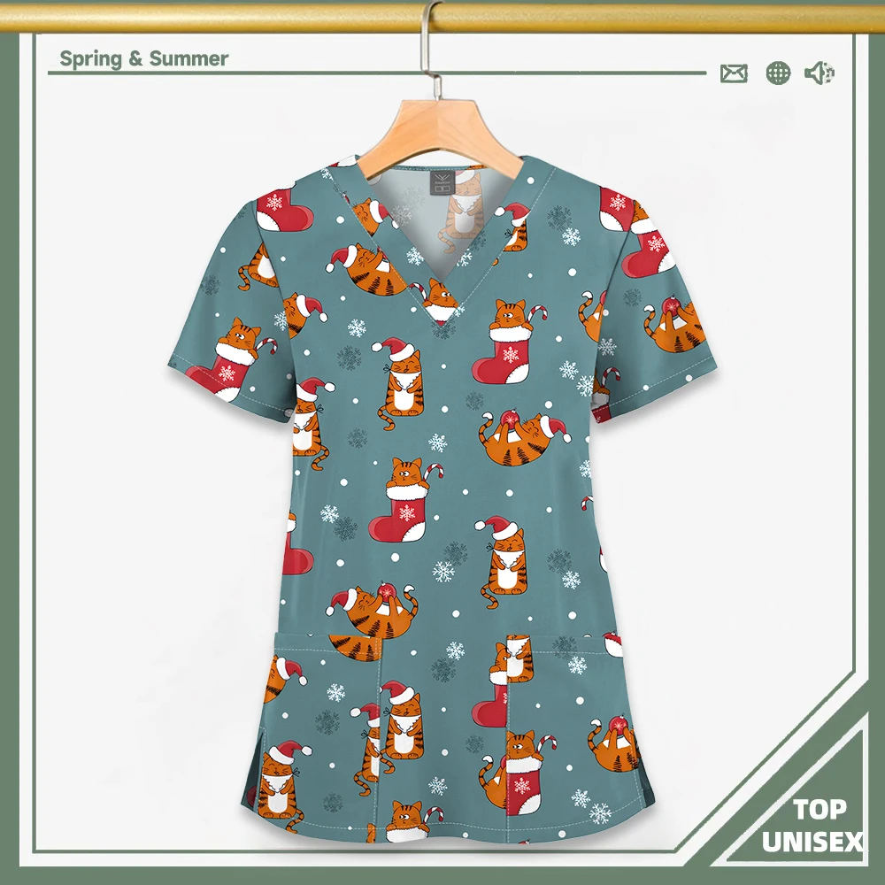 Surgical Uniform Printing Holiday Beautiful Shirt V-neck Style Pocket Design Blouse Surgical Top Woman Men Nurse Medical Uniform - الصورة 17