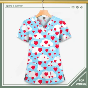 Surgical Uniform Printing Holiday Beautiful Shirt V-neck Style Pocket Design Blouse Surgical Top Woman Men Nurse Medical Uniform