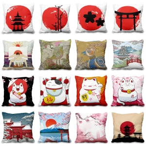 Lucky Cat Japanese Style Sofa Bed Decorative Pillow Cover Home Decor Mount Fuji Art Cushion