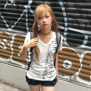 Karrram Japanese Y2k Piano Key Print T-shirt Vintage Harajuku V-neck Tops Trashy 2000s Style Short Sleeve T Shirt American Retro