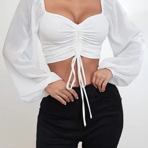 Drawstring Front Sheer Sleeve Crop T-Shirt Women Plunge Neck Long Sleeve Ribb-knit Ruched Blouse Sexy Top Spring Summer Outfit