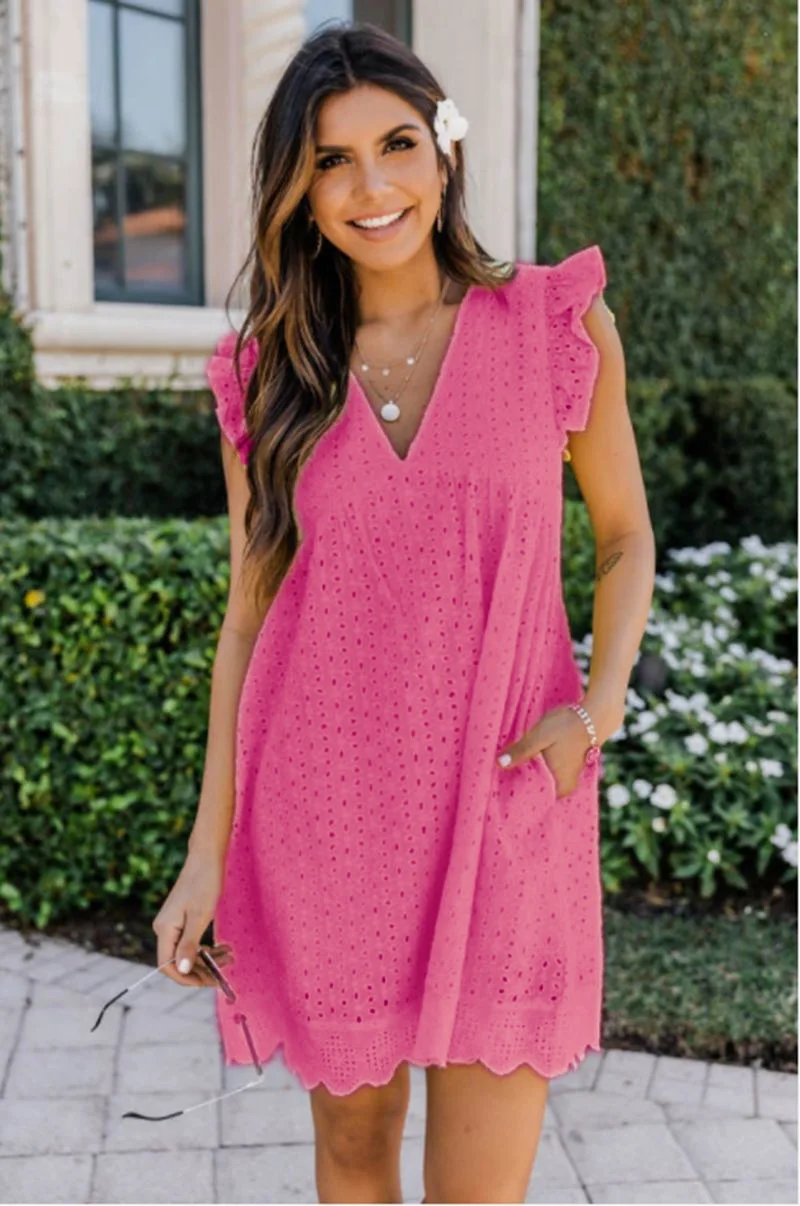 Cross border new lace jacquard hollowed out V-neck dress with pockets and lining shorts for women in Europe and America - Image 7