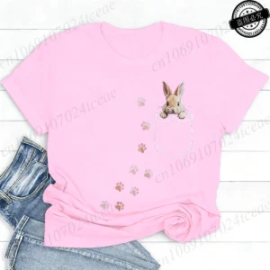 Pocket Bunny T-Shirts – Cute Rabbit Paw Prints T-Shirt Funny Bunny Graphic Tee Tops Sweet Rabbit Sitting in The Pocket Shirt