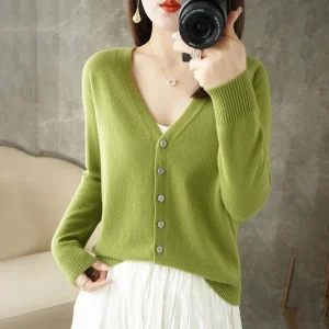Cardigans Women 2025 Autumn Single Breasted V-neck Knitted Sweater Fashion Short Knitwear Solid Blue Green Pink Women's Jumpers