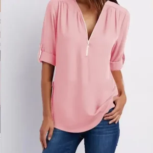 2025 Hot Sale Women Cool Loose Shirt Deep V Neck Chiffon Fashion Blouse Casual Ladies Tops Sexy Zipper Pullover Plus Size