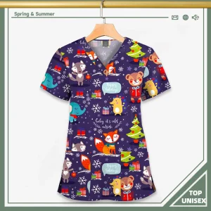 Surgical Uniform Printing Holiday Beautiful Shirt V-neck Style Pocket Design Blouse Surgical Top Woman Men Nurse Medical Uniform