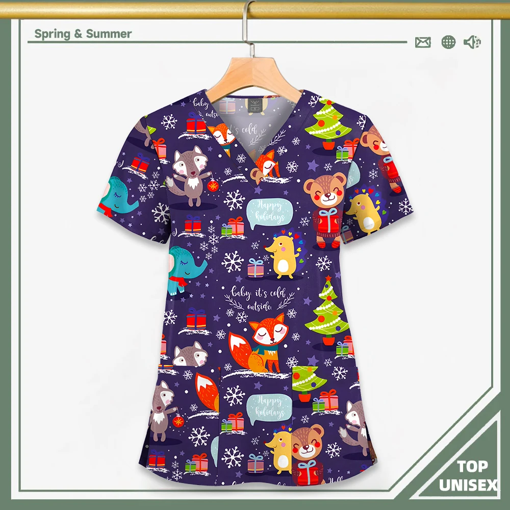 Surgical Uniform Printing Holiday Beautiful Shirt V-neck Style Pocket Design Blouse Surgical Top Woman Men Nurse Medical Uniform - الصورة 11