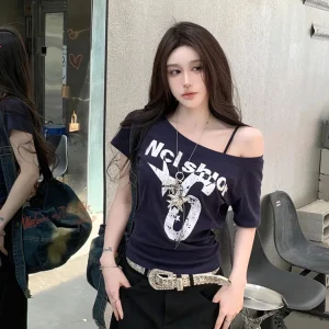 Y2k Sport Summer Off shoulder Top Women Sexy Vintage 2000s Short sleeve T shirt Lady Body Basic Crop Top Female Casual