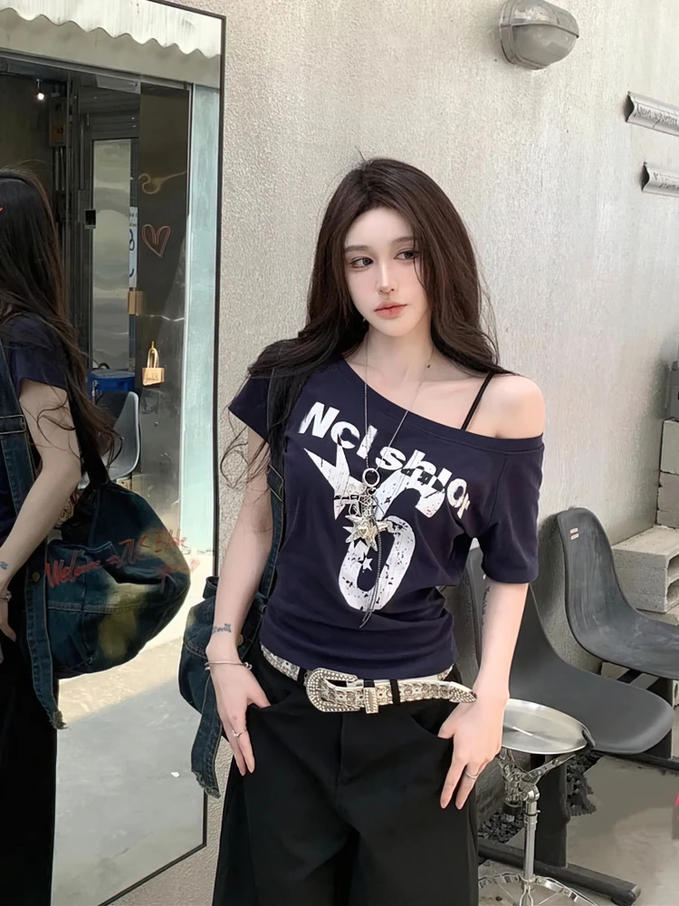 Y2k Sport Summer Off shoulder Top Women Sexy Vintage 2000s Short sleeve T shirt Lady Body Basic Crop Top Female Casual - Image 5