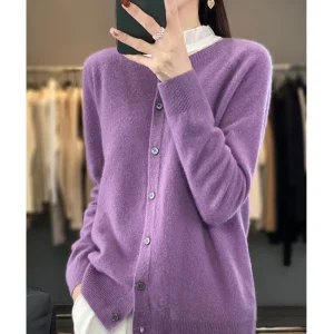 Fashion Women 100% Merino Wool Cardigans Cashmere Sweater Autumn Winter O-neck Long Sleeve Knitwear Female Basic Clothing Tops