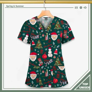 Surgical Uniform Printing Holiday Beautiful Shirt V-neck Style Pocket Design Blouse Surgical Top Woman Men Nurse Medical Uniform