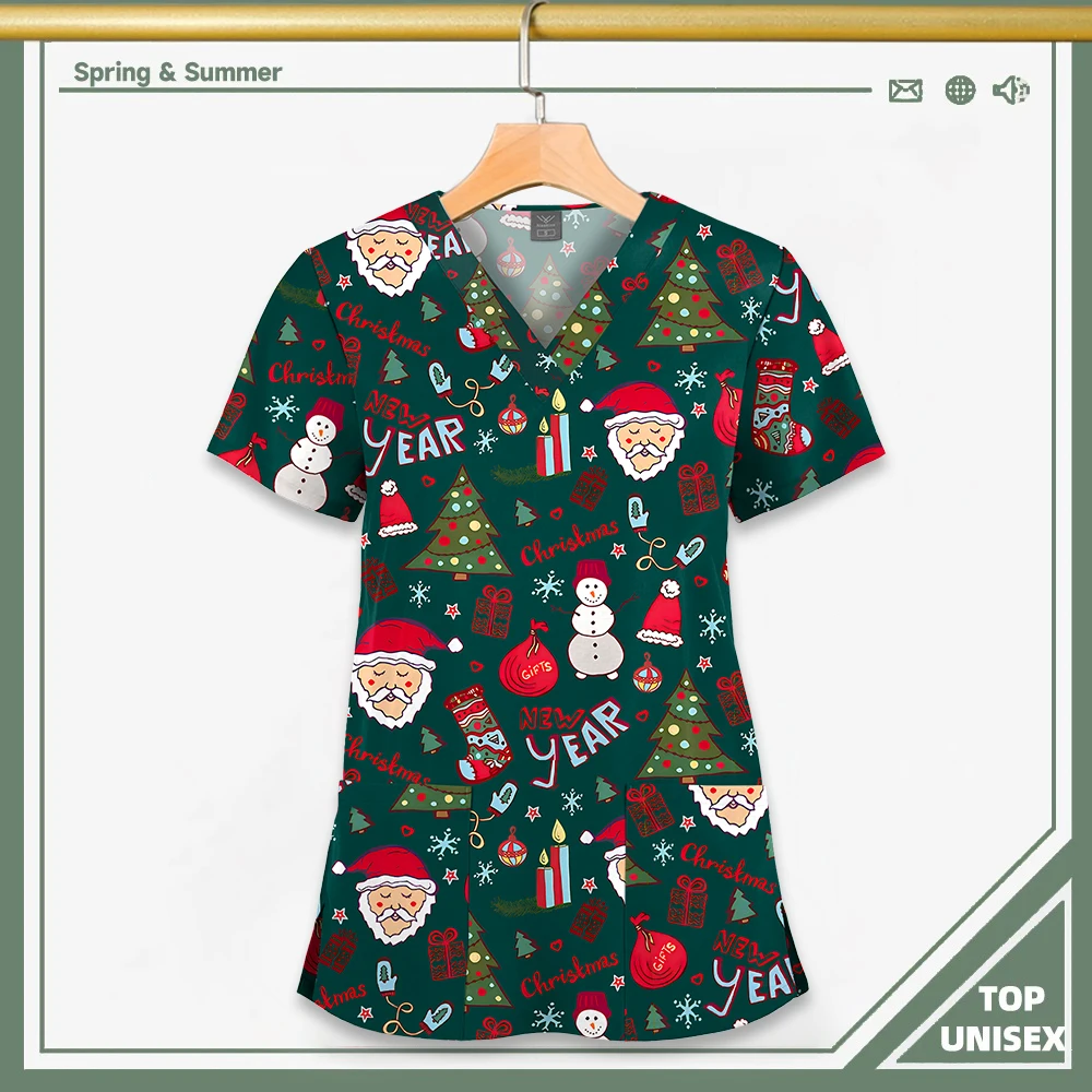 Surgical Uniform Printing Holiday Beautiful Shirt V-neck Style Pocket Design Blouse Surgical Top Woman Men Nurse Medical Uniform - الصورة 7