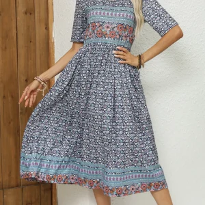 2024 Europe and America autumn ladies round neck short sleeve long skirt Bohemian print dress woman
