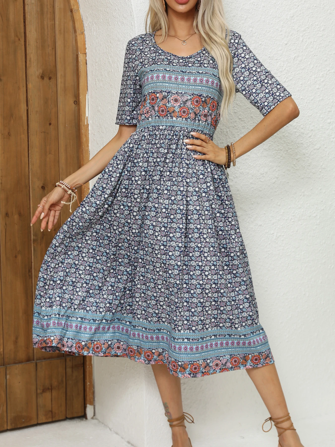 2024 Europe and America autumn ladies round neck short sleeve long skirt Bohemian print dress woman - Image 5