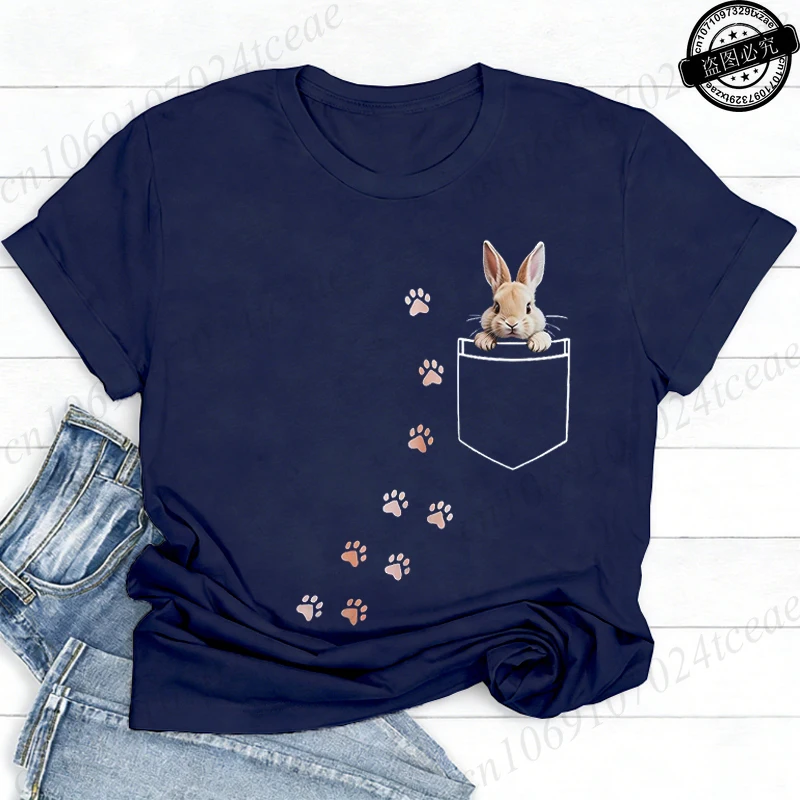 Pocket Bunny T-Shirts – Cute Rabbit Paw Prints T-Shirt Funny Bunny Graphic Tee Tops Sweet Rabbit Sitting in The Pocket Shirt