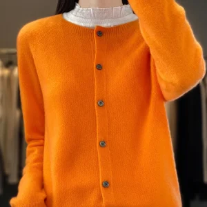 Fashion Women 100% Merino Wool Cardigans Cashmere Sweater Autumn Winter O-neck Long Sleeve Knitwear Female Basic Clothing Tops