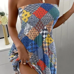 Floral Print Halter Neck Dress, Vacation Style Shirred Bust Dress For Spring & Summer, Women's Clothing