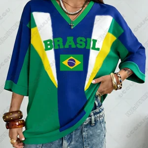 Summer New Vintage Brazil Print Women V-Neck T Shirt Patchwork Short Sleeve Sports Tees Football Jersey Y2K Loose Oversized Tops