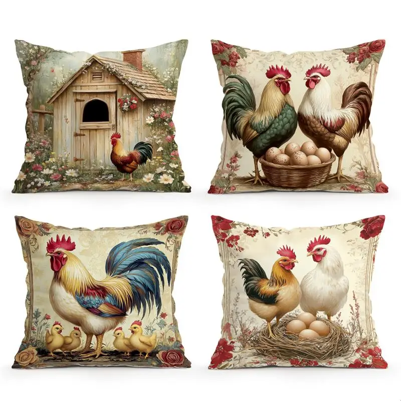 Home Decor Farmyard Roosters and Eggs Pillow Covers Pattern Cushion Cover Suitable for Sofa Bedroom Car Pillow Cover - Image 2
