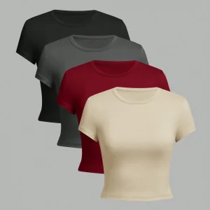 4 pieces Solid color basic short sleeved tight fitting T-shirt for women's casual summer minimalist women's style top O-neck