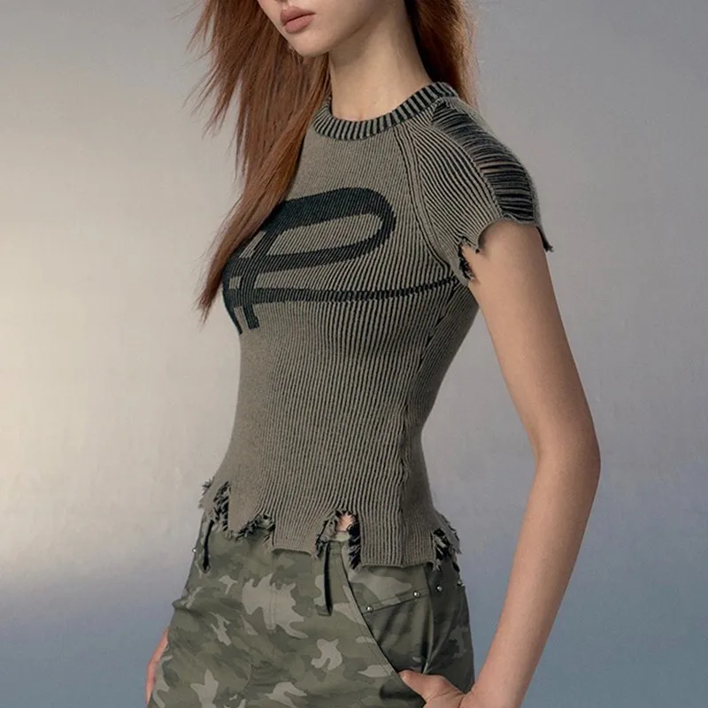 Karrcat Grunge Aesthetics Knitted Top Vintage Distressed T-shirt Punk Broken Crop Top Harajuku Slim Ribbed Tshirt Y2k Streetwear - Image 2