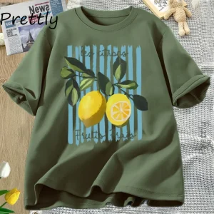 Summer Lemon T-shirt Vintage Cottagecore French T Shirt Cotton Lemon Tee Shirt Vacation Beach Tshirt Casual Short Sleeve Tops