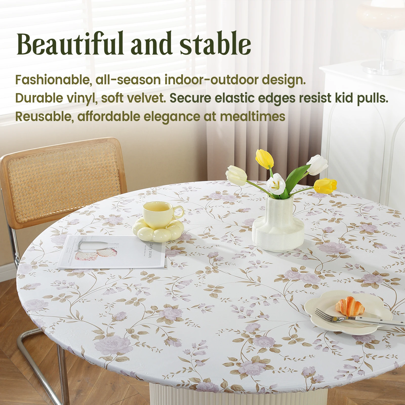 Elastic Round Table Cover Fitted Vinyl Waterproof Tablecloth Reusable Flower Dining Table Cloth For Home Table Protector Decor - Image 2
