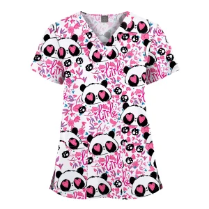 Wholesale Polyester Spandex Uniforms Beautiful Hospital Scrubs Tops Women Nurse Printed Scrub Top Healthcare Nursing Scrub Shirt