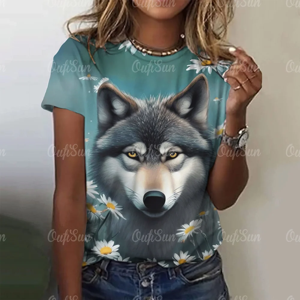 New T-shirt For Women Wolf Print Tees O Neck Loose Short Sleeve Blouse Female Fashion Animal Graphic Tops Harajuku Streetwear - الصورة 4