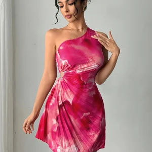 Summer Elegant Ink Print Smudge Cut-out Waist Dress Slanted Shoulder Collar Pressed Pleated Women's dresses