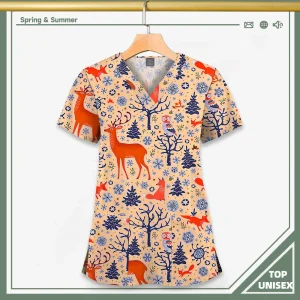 Surgical Uniform Printing Holiday Beautiful Shirt V-neck Style Pocket Design Blouse Surgical Top Woman Men Nurse Medical Uniform