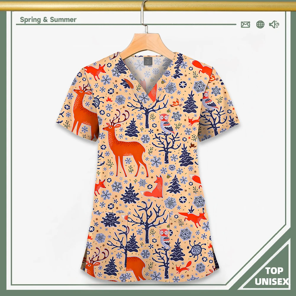 Surgical Uniform Printing Holiday Beautiful Shirt V-neck Style Pocket Design Blouse Surgical Top Woman Men Nurse Medical Uniform - الصورة 13