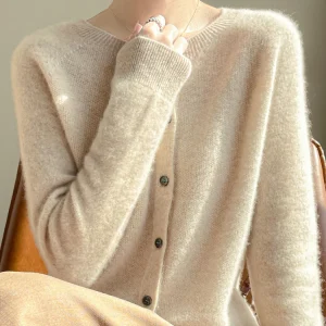 Women's Sweater Cardigans 100% Merino Wool Knitwear Raglan Sleeve Cashmere O-neck Solid Autumn Winter Casual Comfortable Tops