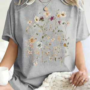 Beautiful Flower Clusters Printing Woman T-Shirt Summer Oversized Short Sleeve O-Neck Cotton T Shirts Y2K Women Sports Tops