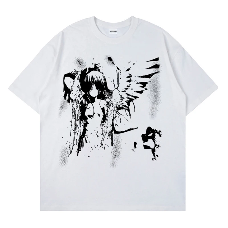 Retro Angel Print Short-sleeved Women T-shirt Summer Harajuku Casual Loose Cotton Oversize Women's T-shirts Female Clothing - الصورة 5