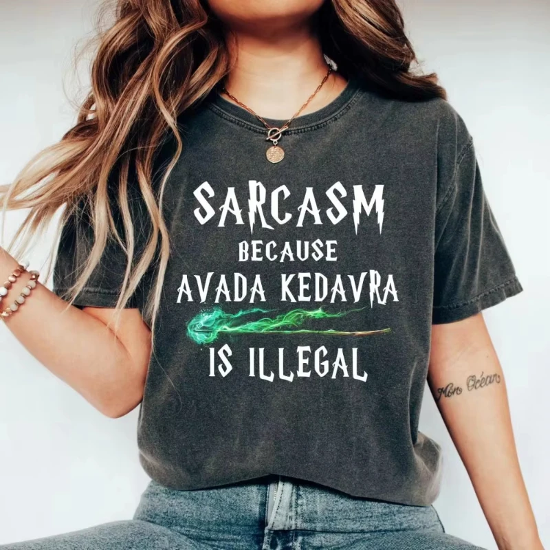 Retro Magic Wand Shirt Sarcasm Because Avada Kedavra Is Illegal Shirt Washed Tee Cotton Shirt Women Y2K Tops Girl Clothing - Image 2