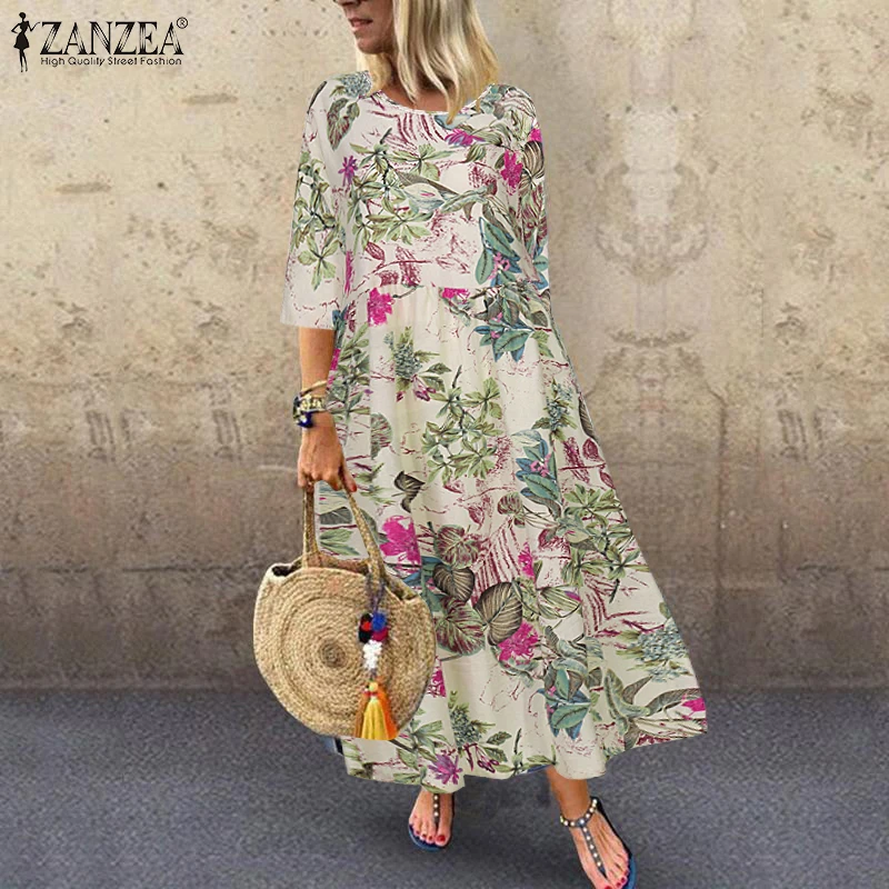 Women's Summer Short Sleeve Sundress ZANZEA Woman Floral Printed Dress Bohemian Elegant Casual Oversized Holiday Long Dresses
