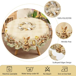 1 Piece of Easter Round Tablecloth, Available in 5 Sizes, Featuring Cute Bunny and Baby Chick Designs Paired with Painted Eggs, Plaid Truck Full of Spring Bouquets and Wreaths Wrapped Around Gilded Egg Decorations, Round Printed Tablecloth with Embossed Edges, Easter Spring Garden Tablecloth Decorat